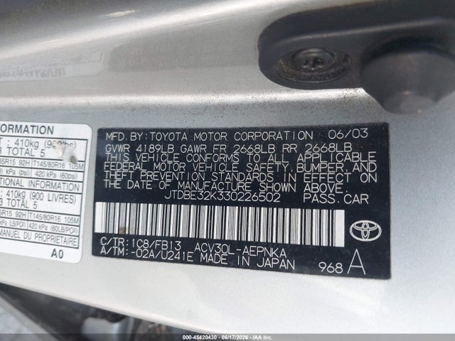 Продажа на аукционе авто 2003 Toyota Camry Le, vin: JTDBE32K330226502, номер лота: 45420430