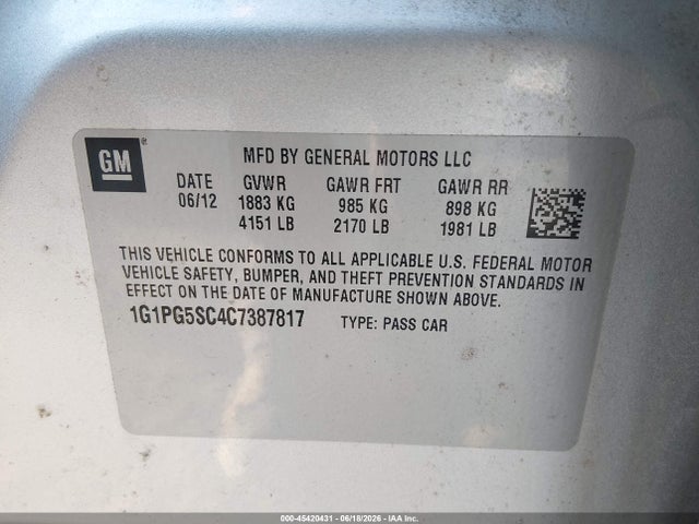 45420431 :رقم المزاد ، 1G1PG5SC4C7387817 vin ، 2012 Chevrolet Cruze 2lt مزاد بيع