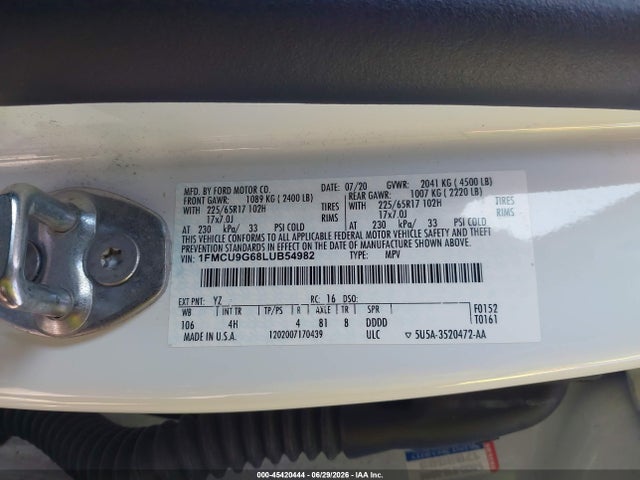 45420444 :رقم المزاد ، 1FMCU9G68LUB54982 vin ، 2020 Ford Escape Se مزاد بيع