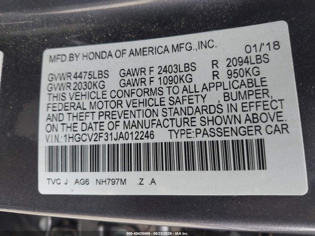 1HGCV2F31JA012246 Honda Accord Sport 2.0t