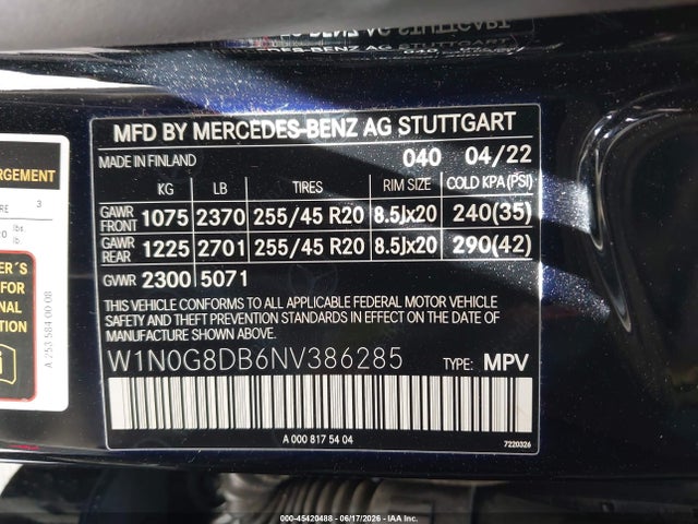 45420488 :رقم المزاد ، W1N0G8DB6NV386285 vin ، 2022 Mercedes-benz Glc 300 Suv مزاد بيع