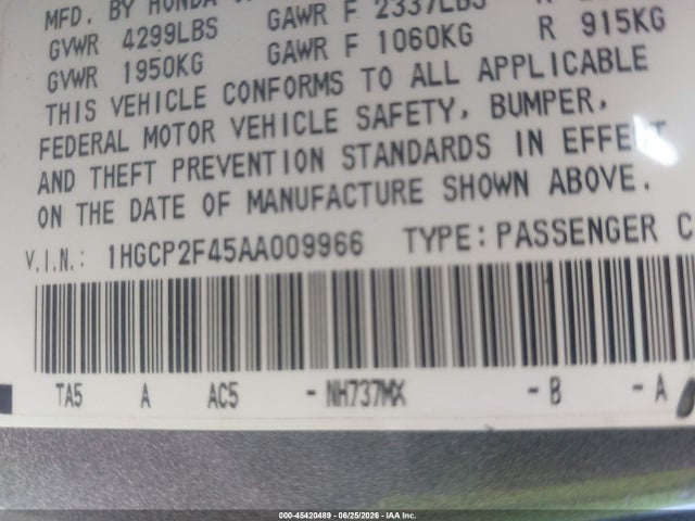 2010 Honda Accord 2.4 Lx-p მანქანა იყიდება აუქციონზე, vin: 1HGCP2F45AA009966, აუქციონის ნომერი: 45420489