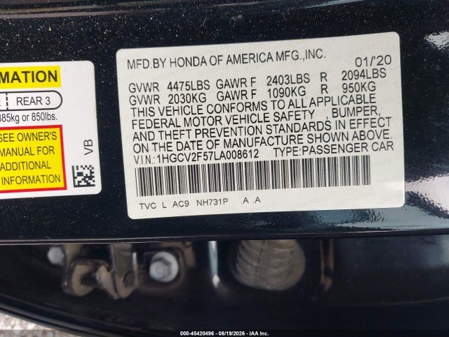 1HGCV2F57LA008612 Honda Accord Ex-l 2.0t