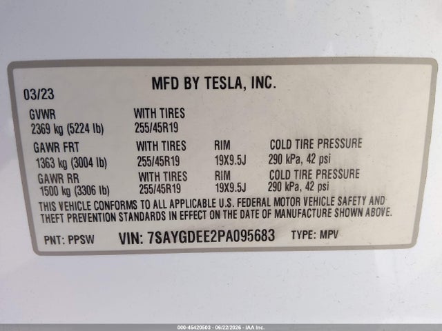 Aukcja sprzedaży 2023 Tesla Model Y Awd/long Range Dual Motor All-wheel Drive, vin: 7SAYGDEE2PA095683, numer aukcji: 45420503