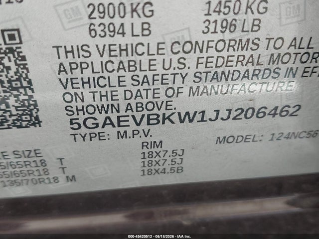 Продажа на аукционе авто 2018 Buick Enclave Premium, vin: 5GAEVBKW1JJ206462, номер лота: 45420512