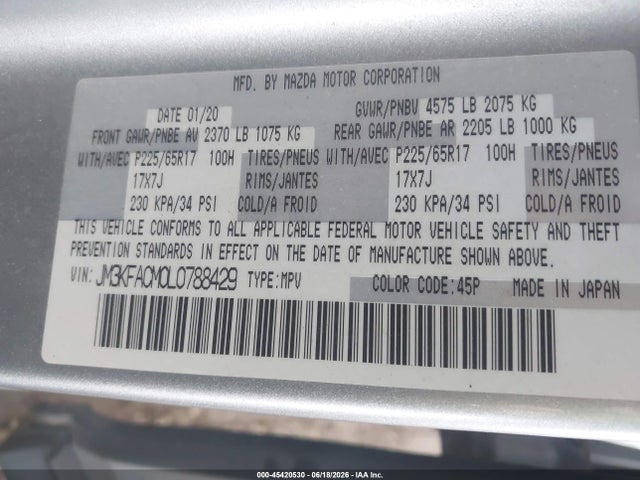 Auction sale of the 2020 Mazda Cx-5 Touring, vin: JM3KFACM0L0788429, lot number: 45420530