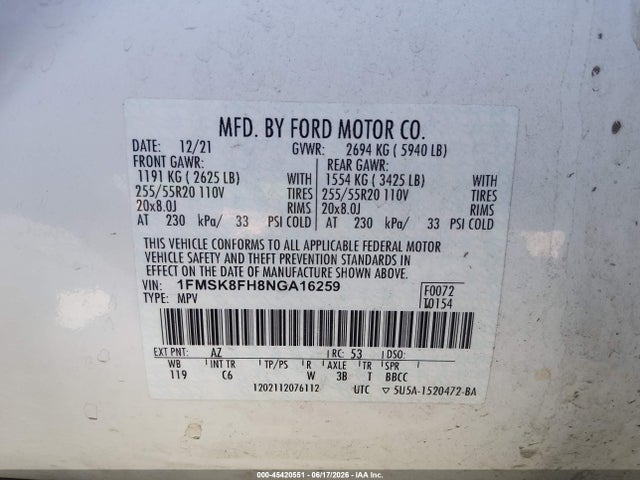 Ford Explorer Limited 2022 1FMSK8FH8NGA16259 Image 9