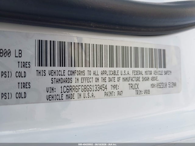 45420552 :رقم المزاد ، 1C6RR6FG8GS133454 vin ، 2016 Ram 1500 Tradesman مزاد بيع