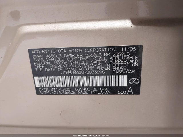Aukcja sprzedaży 2007 Lexus Es 350, vin: JTHBJ46G072073898, numer aukcji: 45420555