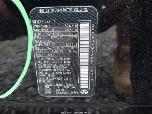 45420564 :رقم المزاد ، 3PCAJ5M33KF128319 vin ، 2019 Infiniti Qx50 Essential مزاد بيع