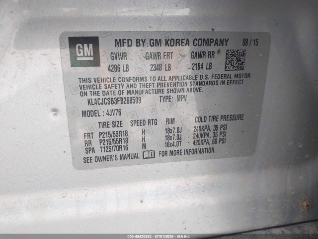 2015 Buick Encore Leather მანქანა იყიდება აუქციონზე, vin: KL4CJCSB3FB268509, აუქციონის ნომერი: 45420592