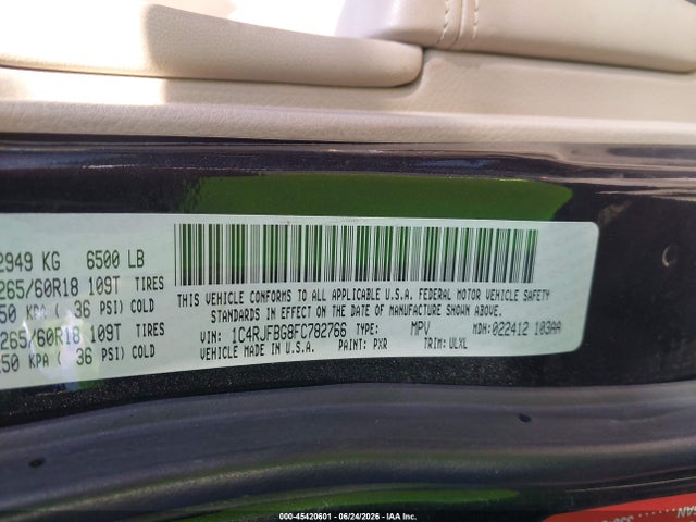 Aukcja sprzedaży 2015 Jeep Grand Cherokee Limited, vin: 1C4RJFBG8FC782766, numer aukcji: 45420601
