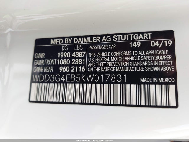 45420650 :رقم المزاد ، WDD3G4EB5KW017831 vin ، 2019 Mercedes-benz A 220 مزاد بيع
