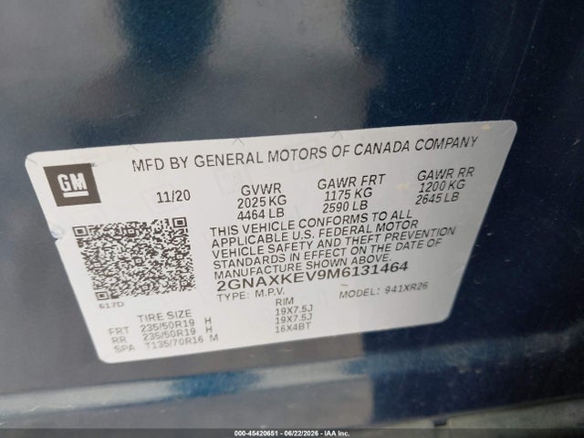 2021 Chevrolet Equinox Fwd Lt მანქანა იყიდება აუქციონზე, vin: 2GNAXKEV9M6131464, აუქციონის ნომერი: 45420651