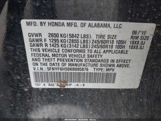 45420654 :رقم المزاد ، 5FNYF6H59KB095876 vin ، 2019 Honda Pilot Ex-l مزاد بيع
