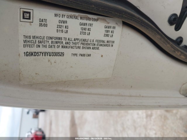 2000 Cadillac Deville Standard მანქანა იყიდება აუქციონზე, vin: 1G6KD57Y8YU330529, აუქციონის ნომერი: 45420663