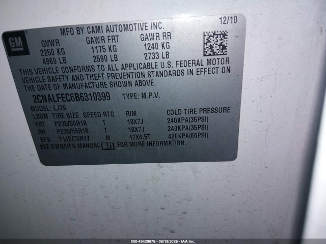 Aukcja sprzedaży 2011 Chevrolet Equinox Ltz, vin: 2CNALFEC6B6310399, numer aukcji: 45420676