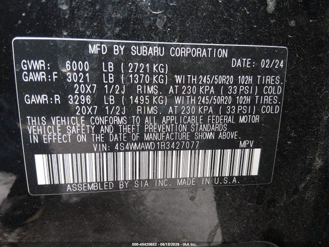 Aukcja sprzedaży 2024 Subaru Ascent Touring 7-passenger, vin: 4S4WMAWD1R3427077, numer aukcji: 45420682