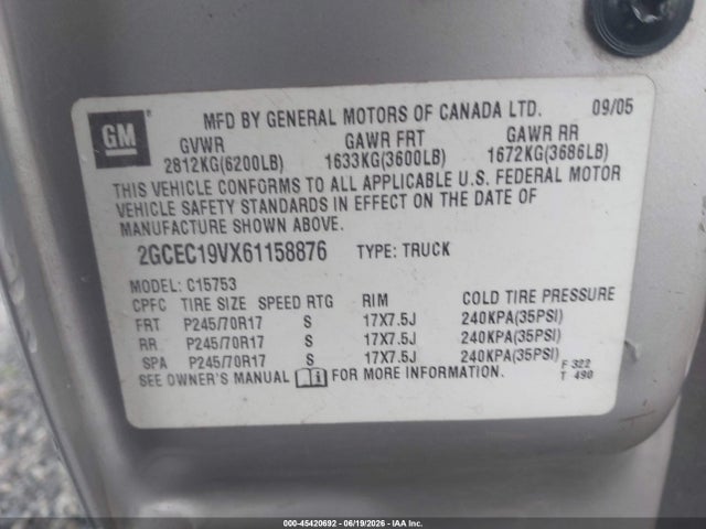 45420692 :رقم المزاد ، 2GCEC19VX61158876 vin ، 2006 Chevrolet Silverado 1500 Work Truck مزاد بيع