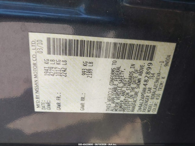 Продажа на аукционе авто 2010 Nissan Altima 2.5, vin: 1N4AL2AP0AN482899, номер лота: 45420695