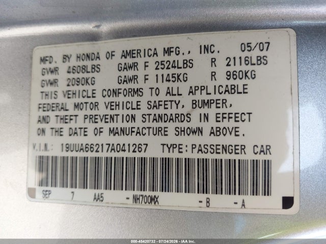 Aukcja sprzedaży 2007 Acura Tl 3.2, vin: 19UUA66217A041267, numer aukcji: 45420732