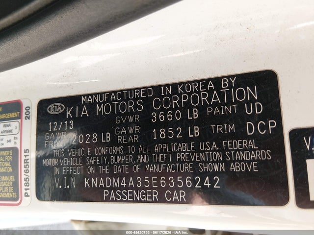 45420733 :رقم المزاد ، KNADM4A35E6356242 vin ، 2014 Kia Rio Lx مزاد بيع