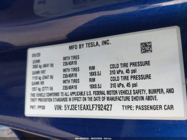 2020 Tesla Model 3 Standard Range Plus Rear-wheel Drive/standard Range Rear-wheel Drive მანქანა იყიდება აუქციონზე, vin: 5YJ3E1EAXLF792427, აუქციონის ნომერი: 45420781