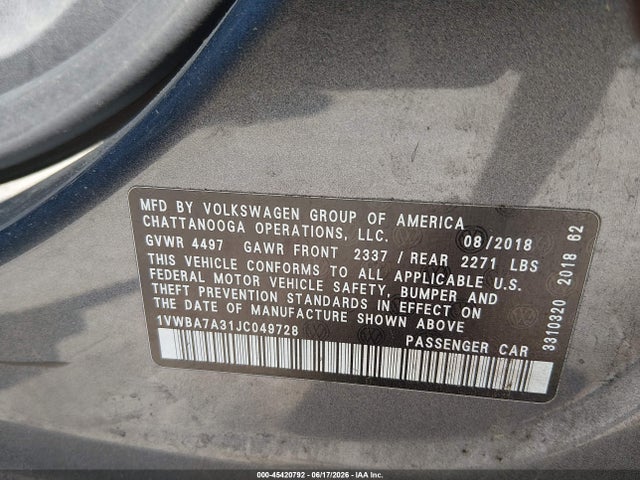 1VWBA7A31JC049728 Volkswagen Passat 2.0t Se