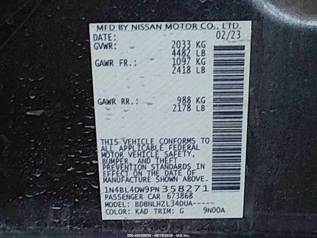 1N4BL4DW9PN358271 Nissan Altima Sv Intelligent Awd