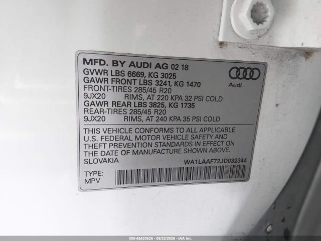 Aukcja sprzedaży 2018 Audi Q7 3.0t Premium, vin: WA1LAAF72JD032344, numer aukcji: 45420826