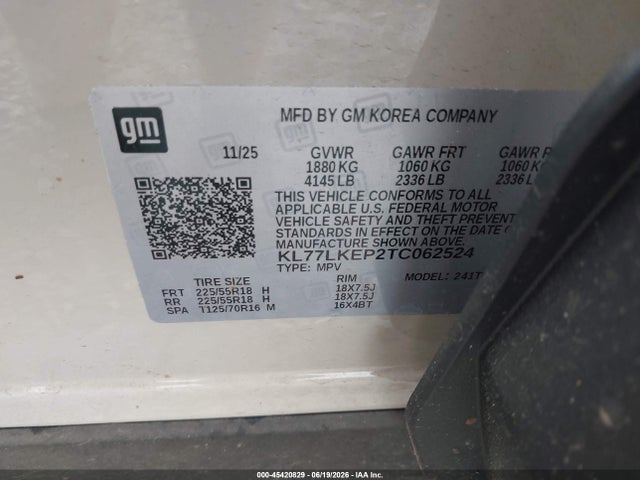Aukcja sprzedaży 2026 Chevrolet Trax Fwd Activ, vin: KL77LKEP2TC062524, numer aukcji: 45420829