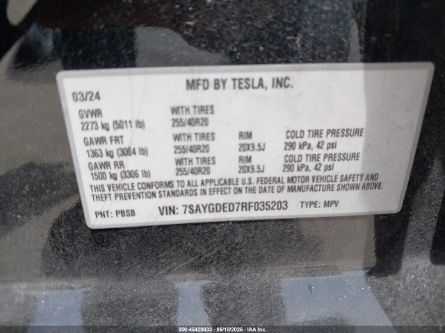 Aukcja sprzedaży 2024 Tesla Model Y Long Range Single Motor Rear-wheel Drive/rwd, vin: 7SAYGDED7RF035203, numer aukcji: 45420833