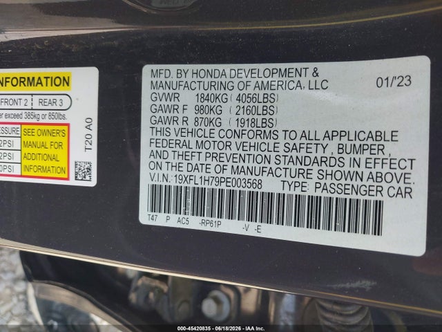 19XFL1H79PE003568 Honda Civic Ex-l/ex-l W/o Bsi