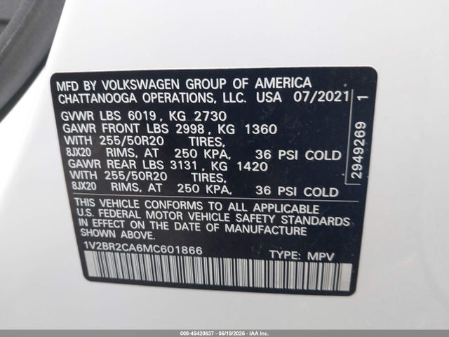 Volkswagen Atlas 3.6l V6 Sel 2021 1V2BR2CA6MC601866 Image 9