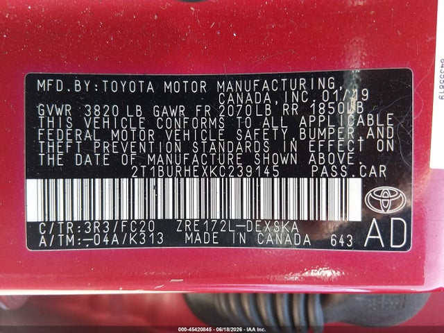 Продаж на аукціоні авто 2019 Toyota Corolla Se, vin: 2T1BURHEXKC239145, номер лоту: 45420845