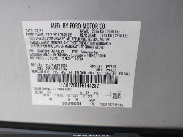 2015 Ford Taurus Limited მანქანა იყიდება აუქციონზე, vin: 1FAHP2F81FG144282, აუქციონის ნომერი: 45420877