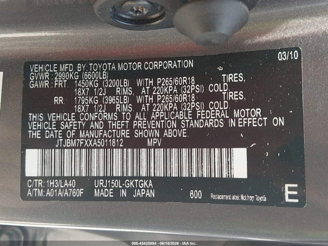 45420884 :رقم المزاد ، JTJBM7FXXA5011812 vin ، 2010 Lexus Gx 460 مزاد بيع
