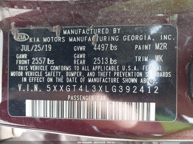 Aukcja sprzedaży 2020 Kia Optima Lx, vin: 5XXGT4L3XLG392412, numer aukcji: 45420890