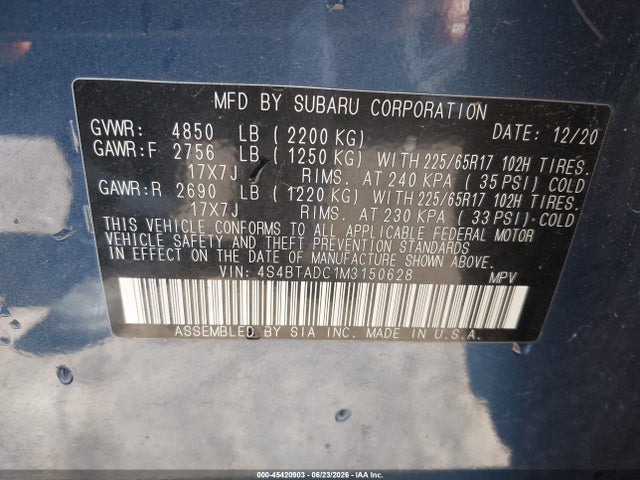 Aukcja sprzedaży 2021 Subaru Outback Premium, vin: 4S4BTADC1M3150628, numer aukcji: 45420903