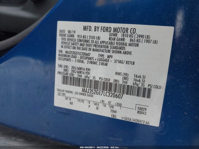 Aukcja sprzedaży 2020 Ford Ecosport Se, vin: MAJ3S2GE7LC320607, numer aukcji: 45420911