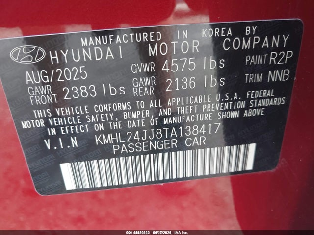 Продаж на аукціоні авто 2026 Hyundai Sonata Hybrid Blue, vin: KMHL24JJ8TA138417, номер лоту: 45420922