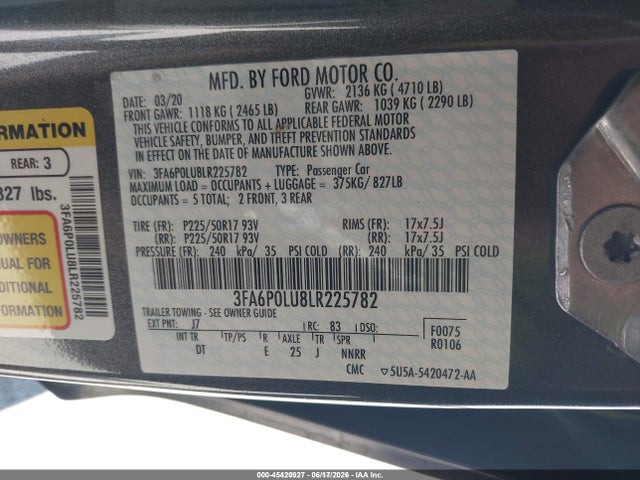 Ford Fusion Hybrid Se 2020 3FA6P0LU8LR225782 Image 9