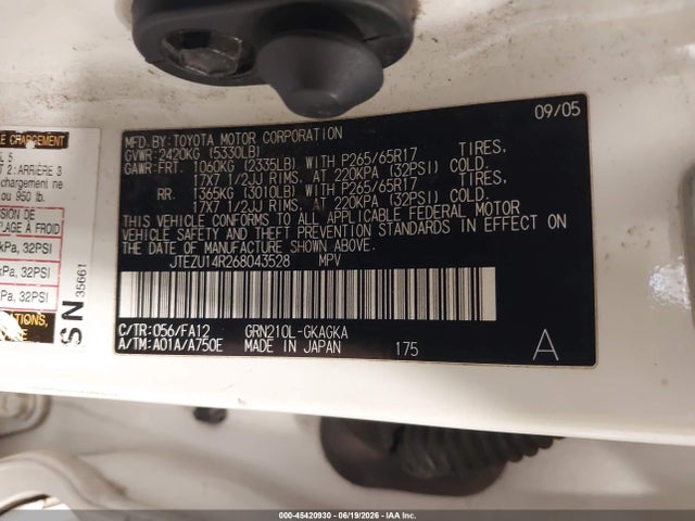 2006 Toyota 4runner Sr5 V6 მანქანა იყიდება აუქციონზე, vin: JTEZU14R268043528, აუქციონის ნომერი: 45420930