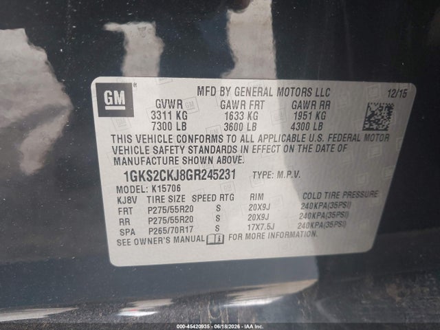 45420935 :رقم المزاد ، 1GKS2CKJ8GR245231 vin ، 2016 Gmc Yukon Denali مزاد بيع