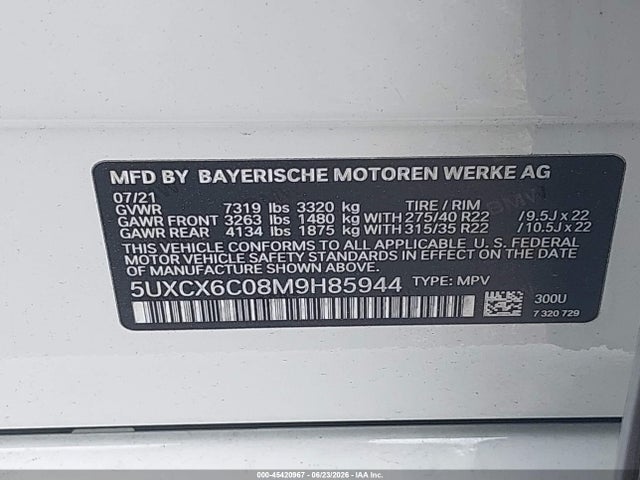 2021 Bmw X7 M50i მანქანა იყიდება აუქციონზე, vin: 5UXCX6C08M9H85944, აუქციონის ნომერი: 45420967