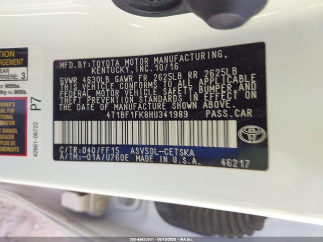 Продажа на аукционе авто 2017 Toyota Camry Se, vin: 4T1BF1FK8HU341989, номер лота: 45420981