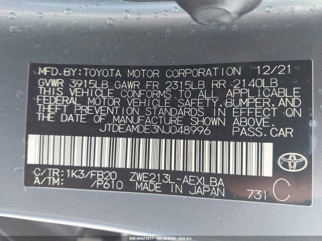 JTDEAMDE3NJ048996 Toyota Corolla Hybrid Le