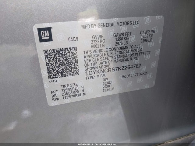 45421019 :رقم المزاد ، 1GYKNCRS7KZ264762 vin ، 2019 Cadillac Xt5 Luxury مزاد بيع