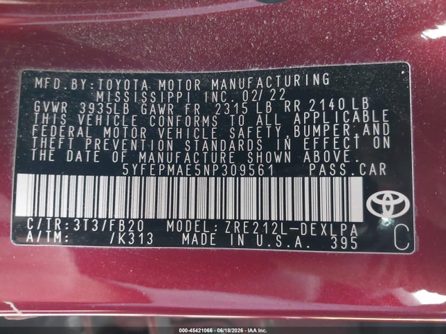 5YFEPMAE5NP309561 Toyota COROLLA LE