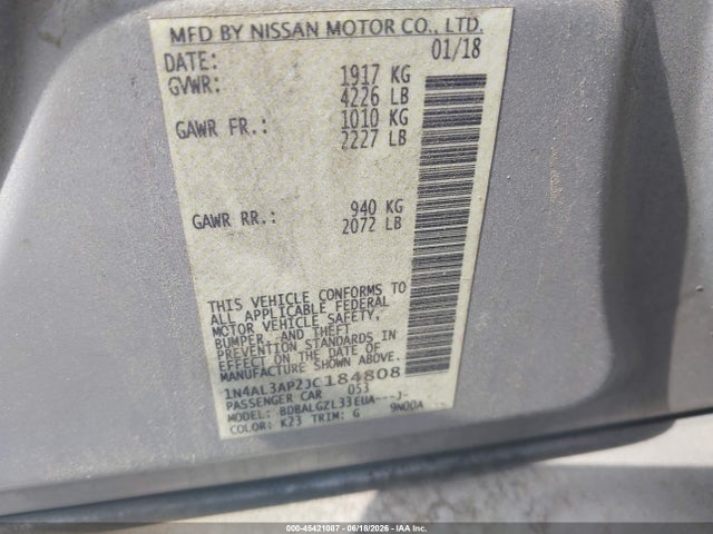 45421087 :رقم المزاد ، 1N4AL3AP2JC184808 vin ، 2018 Nissan Altima 2.5 S مزاد بيع